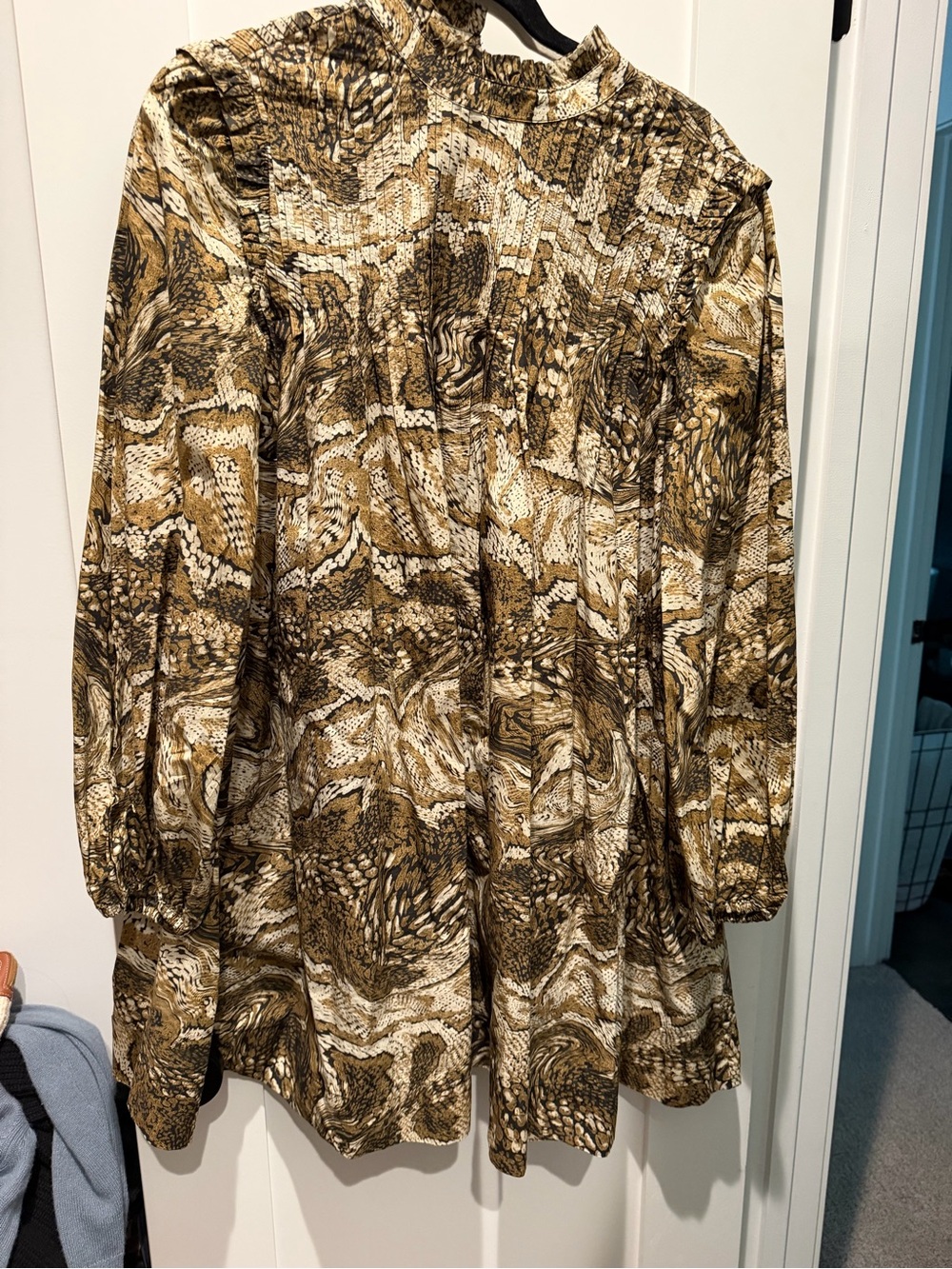 Ganni Long-Sleeve Smocked Yoke Dress in Brown and Cream Abstract Print